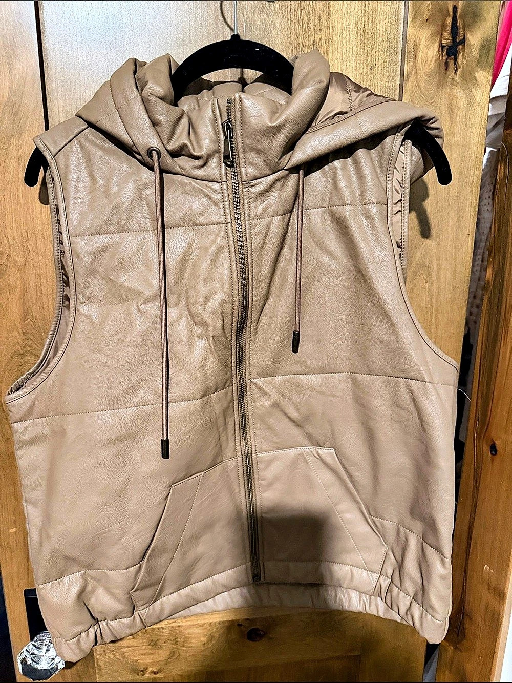 Charlie B Quilted Faux Leather Vest Hooded Vest Brown Small